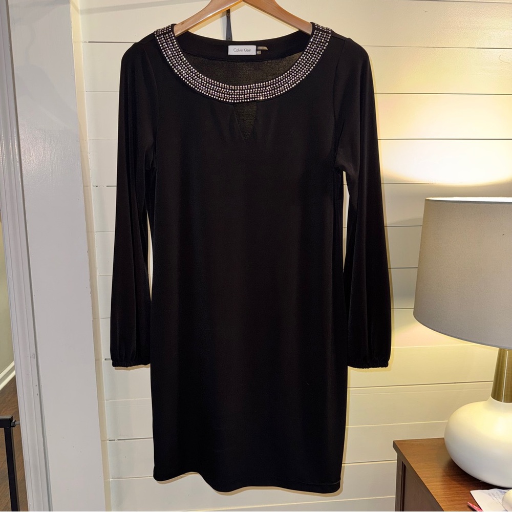 Calvin Klein Long‎ Sleeve Black Dress with Embellished Collar Size 8